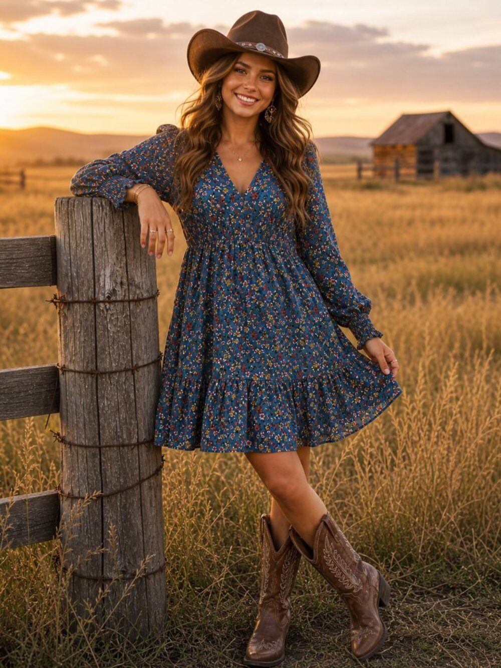 Umgee Dress Sz M Blue Corduroy Floral Pockets Cowgirl Cottage Prairie BOHO